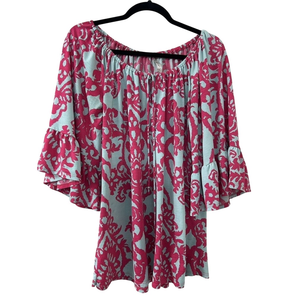 S.L.I. Women Pink Aqua Damask Print Ruffle‎ Sleeve Peasant Blouse Top Medium